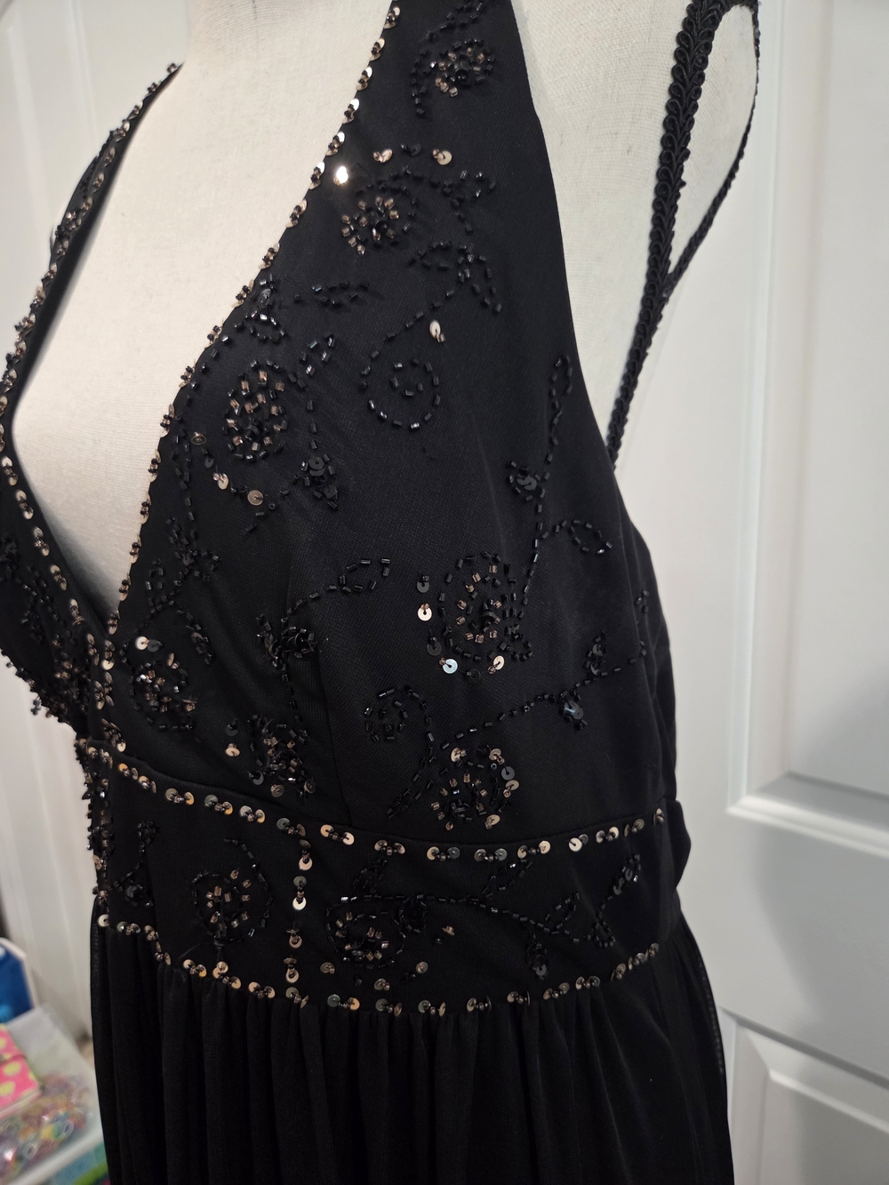 DressBarn Collection Black Beaded Halter Maxi Formal Evening Gown Dress Sz 14 - Picture 5 of 9